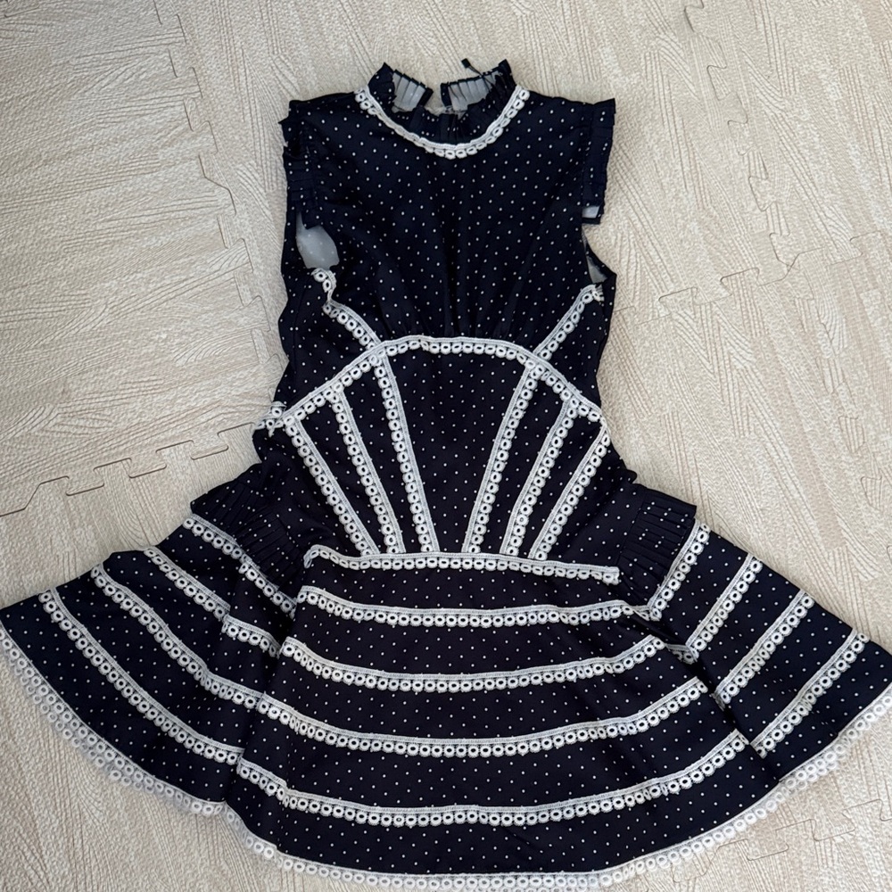 Navy Polka Dot Lace-Trim Mini Dress